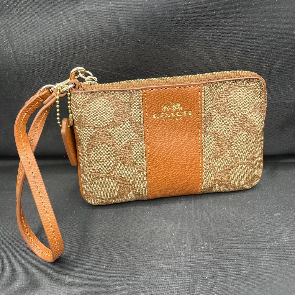 Coach Signature C Monogram Tan Brown Leather Stripe Zip Wristlet Pouch Bag